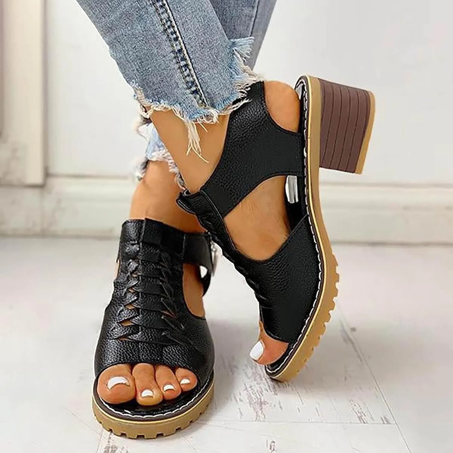 Women's Chunky Block Mid Heels Sandals Women‘s Open Toe Dressy Summer Shoes Zipper Ankle Strap Low Classic Platform Heel Sandal Fashion Wedding Party Dress Straps Comfortable Walking Shoes