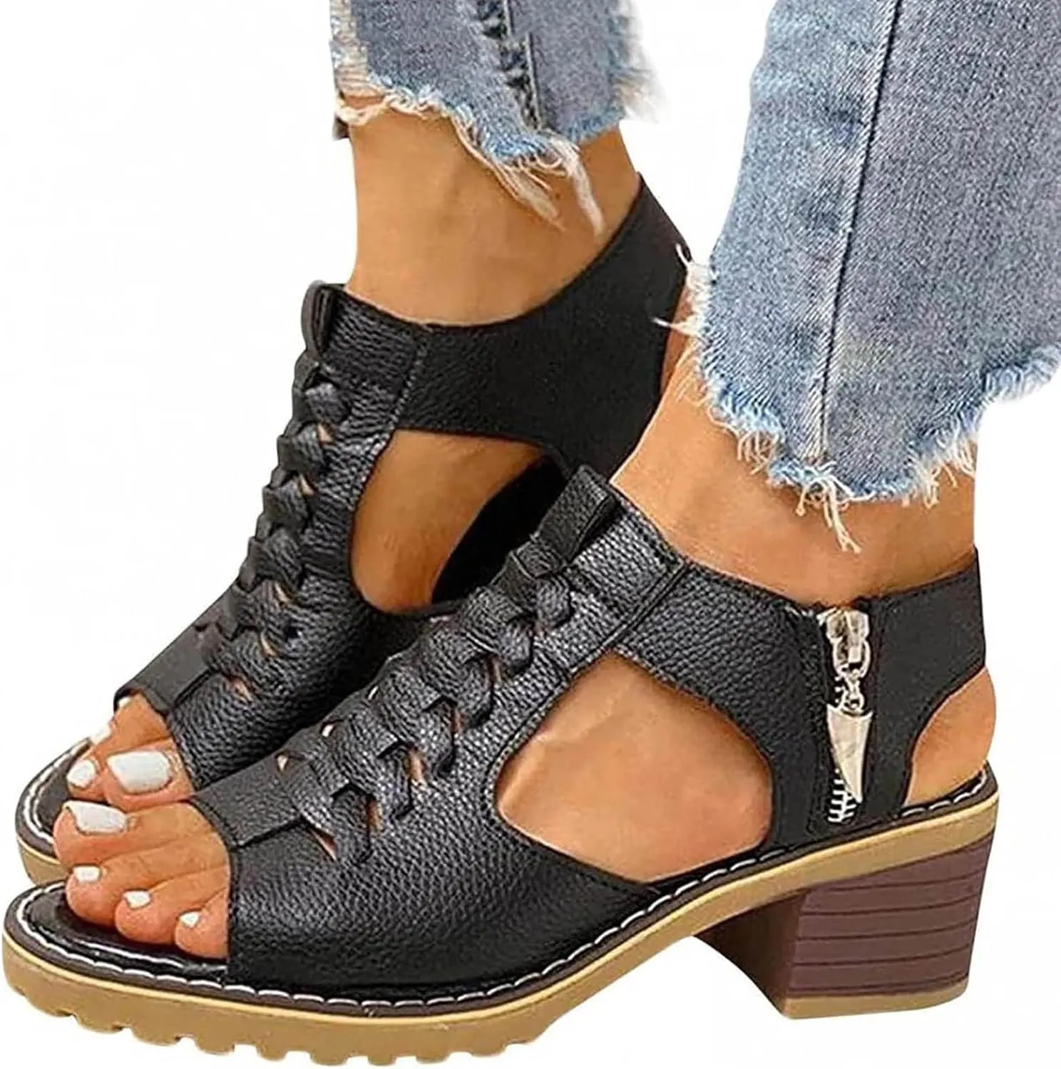 Women's Chunky Block Mid Heels Sandals Women‘s Open Toe Dressy Summer Shoes Zipper Ankle Strap Low Classic Platform Heel Sandal Fashion Wedding Party Dress Straps Comfortable Walking Shoes