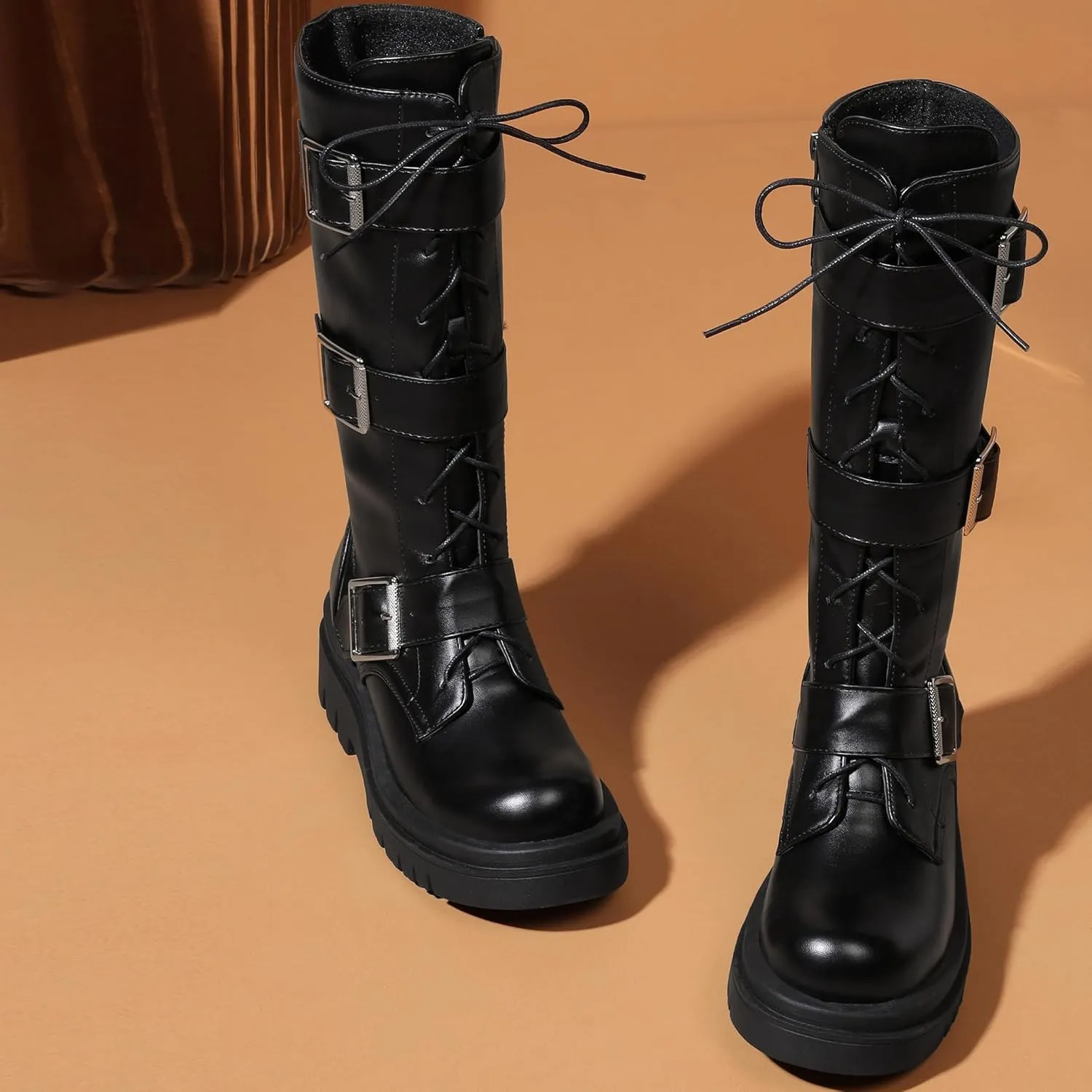 Women's Combat Riding Platform Boots Knee High Motorcycle Boots Buckle Gothic Biker Boots Lace Up Lug Sole Boots Goth Tall Boots Chunky Round Toe Comfortable Boots
