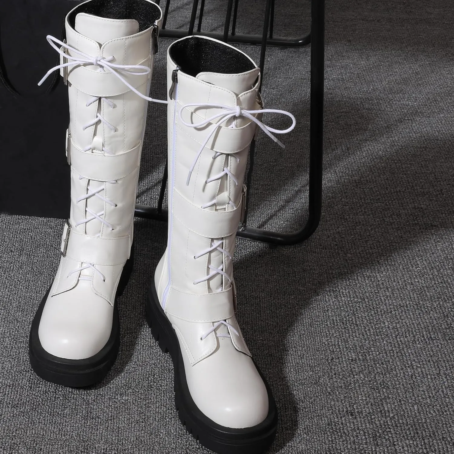 Women's Combat Riding Platform Boots Knee High Motorcycle Boots Buckle Gothic Biker Boots Lace Up Lug Sole Boots Goth Tall Boots Chunky Round Toe Comfortable Boots