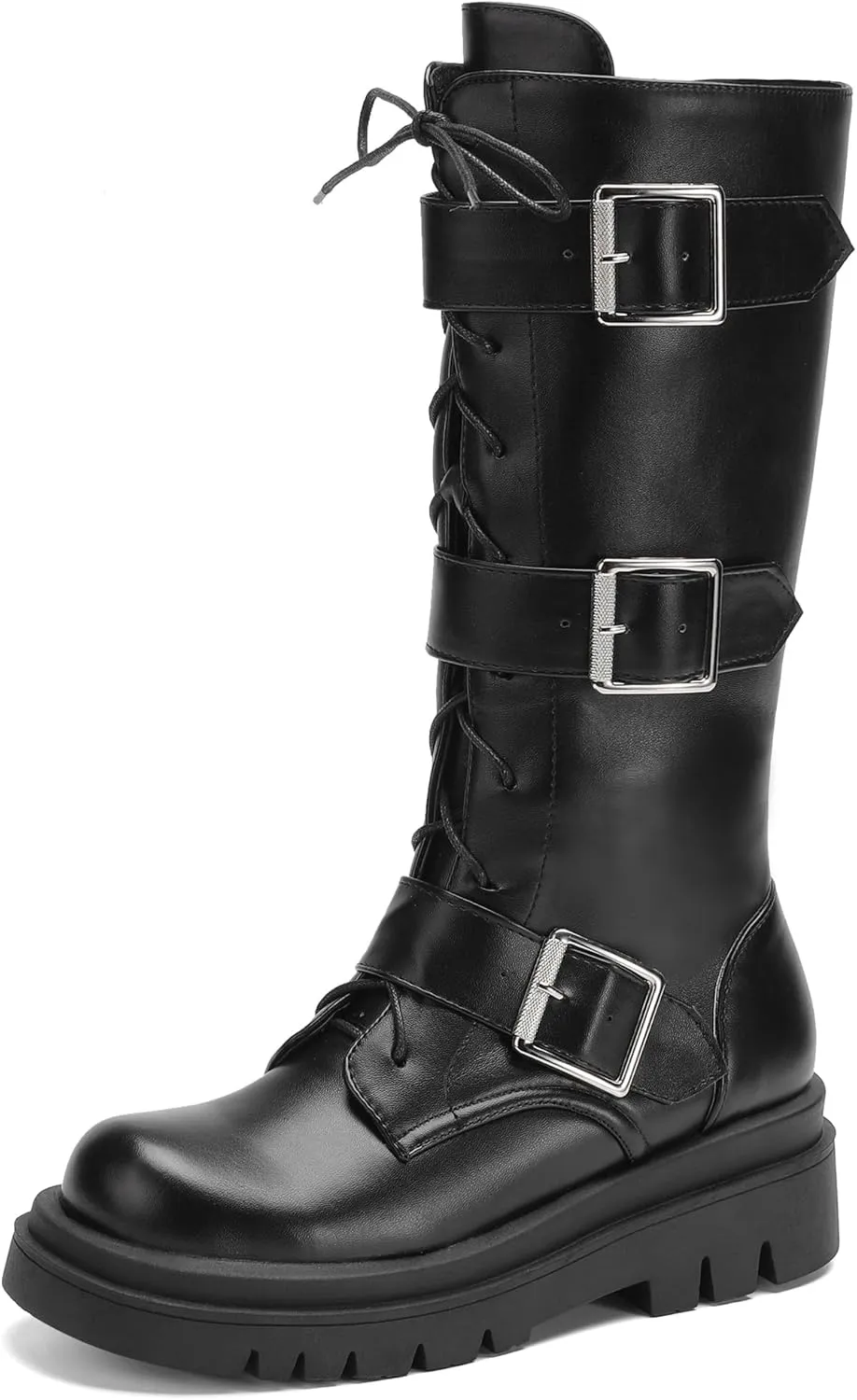Women's Combat Riding Platform Boots Knee High Motorcycle Boots Buckle Gothic Biker Boots Lace Up Lug Sole Boots Goth Tall Boots Chunky Round Toe Comfortable Boots