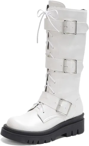 Women's Combat Riding Platform Boots Knee High Motorcycle Boots Buckle Gothic Biker Boots Lace Up Lug Sole Boots Goth Tall Boots Chunky Round Toe Comfortable Boots