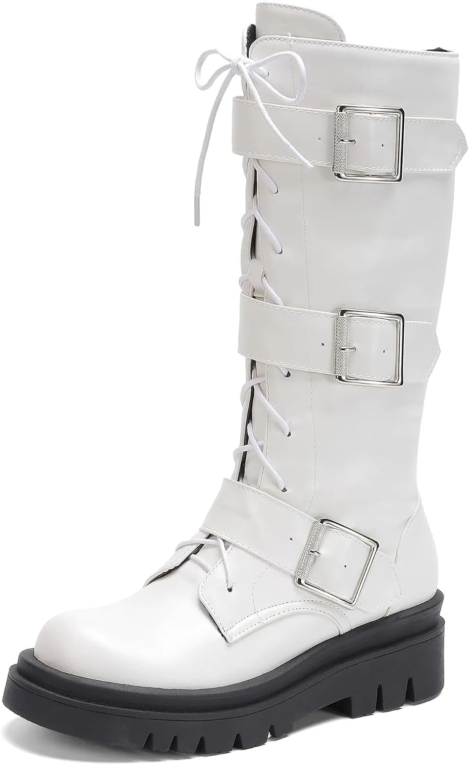 Women's Combat Riding Platform Boots Knee High Motorcycle Boots Buckle Gothic Biker Boots Lace Up Lug Sole Boots Goth Tall Boots Chunky Round Toe Comfortable Boots