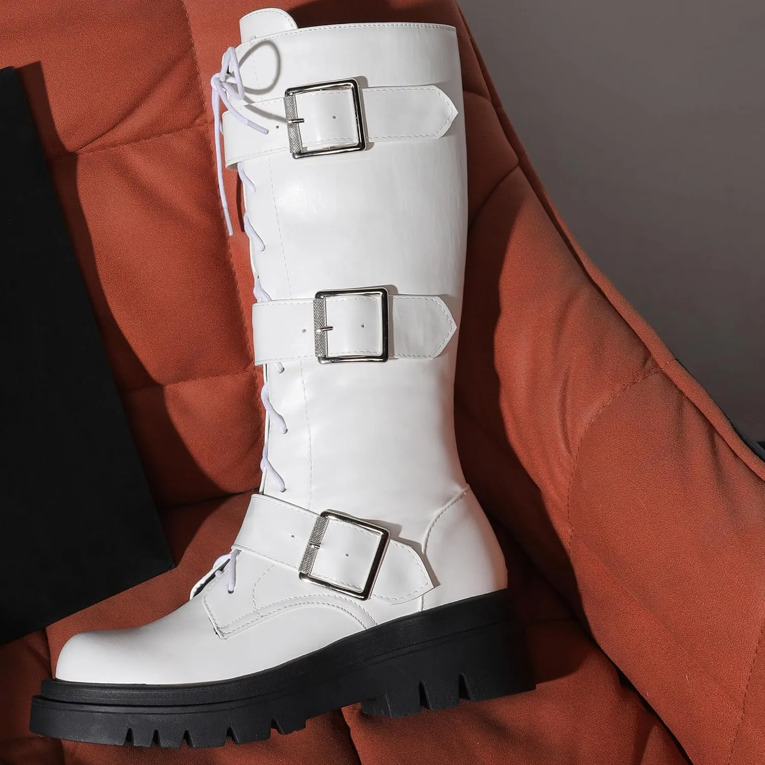 Women's Combat Riding Platform Boots Knee High Motorcycle Boots Buckle Gothic Biker Boots Lace Up Lug Sole Boots Goth Tall Boots Chunky Round Toe Comfortable Boots