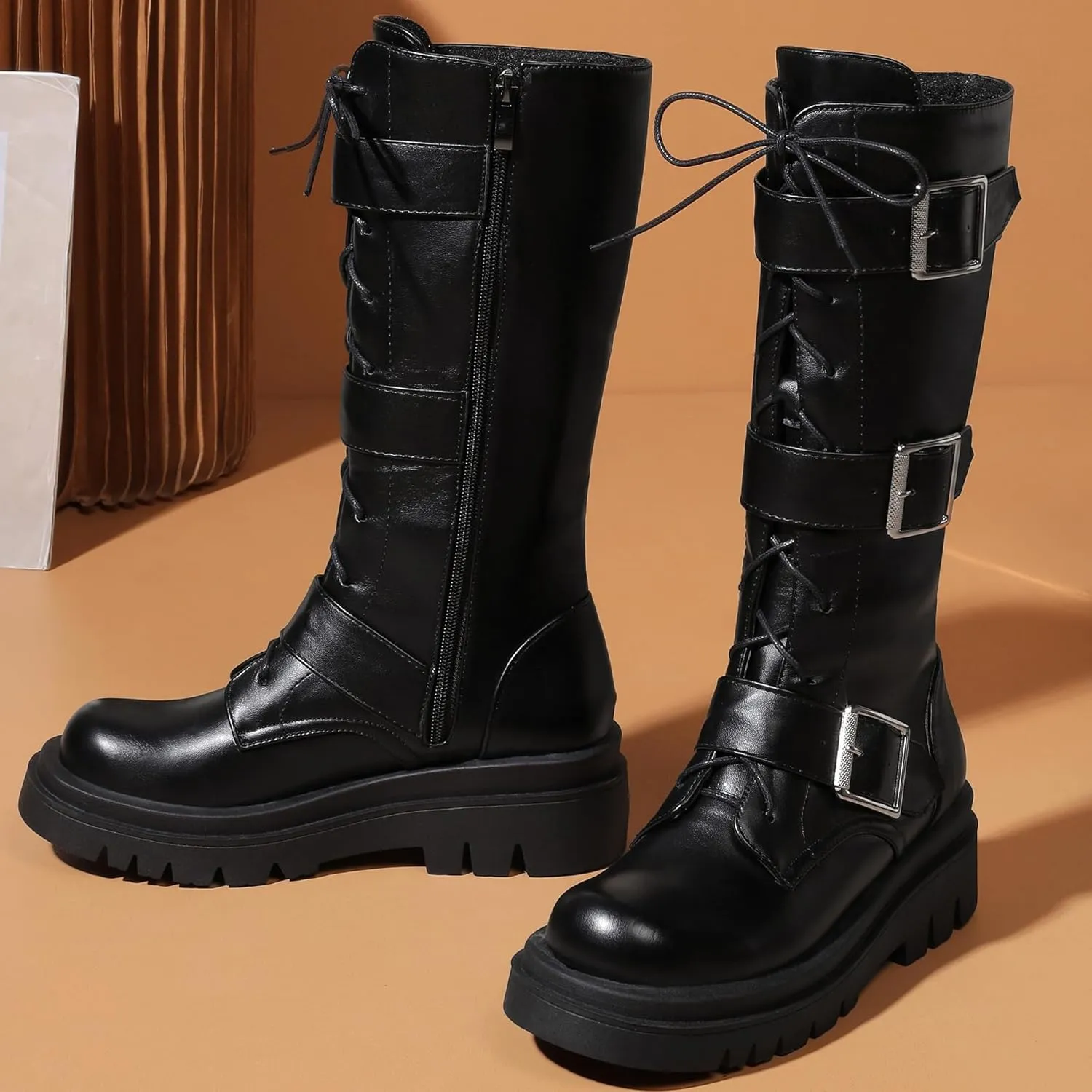 Women's Combat Riding Platform Boots Knee High Motorcycle Boots Buckle Gothic Biker Boots Lace Up Lug Sole Boots Goth Tall Boots Chunky Round Toe Comfortable Boots