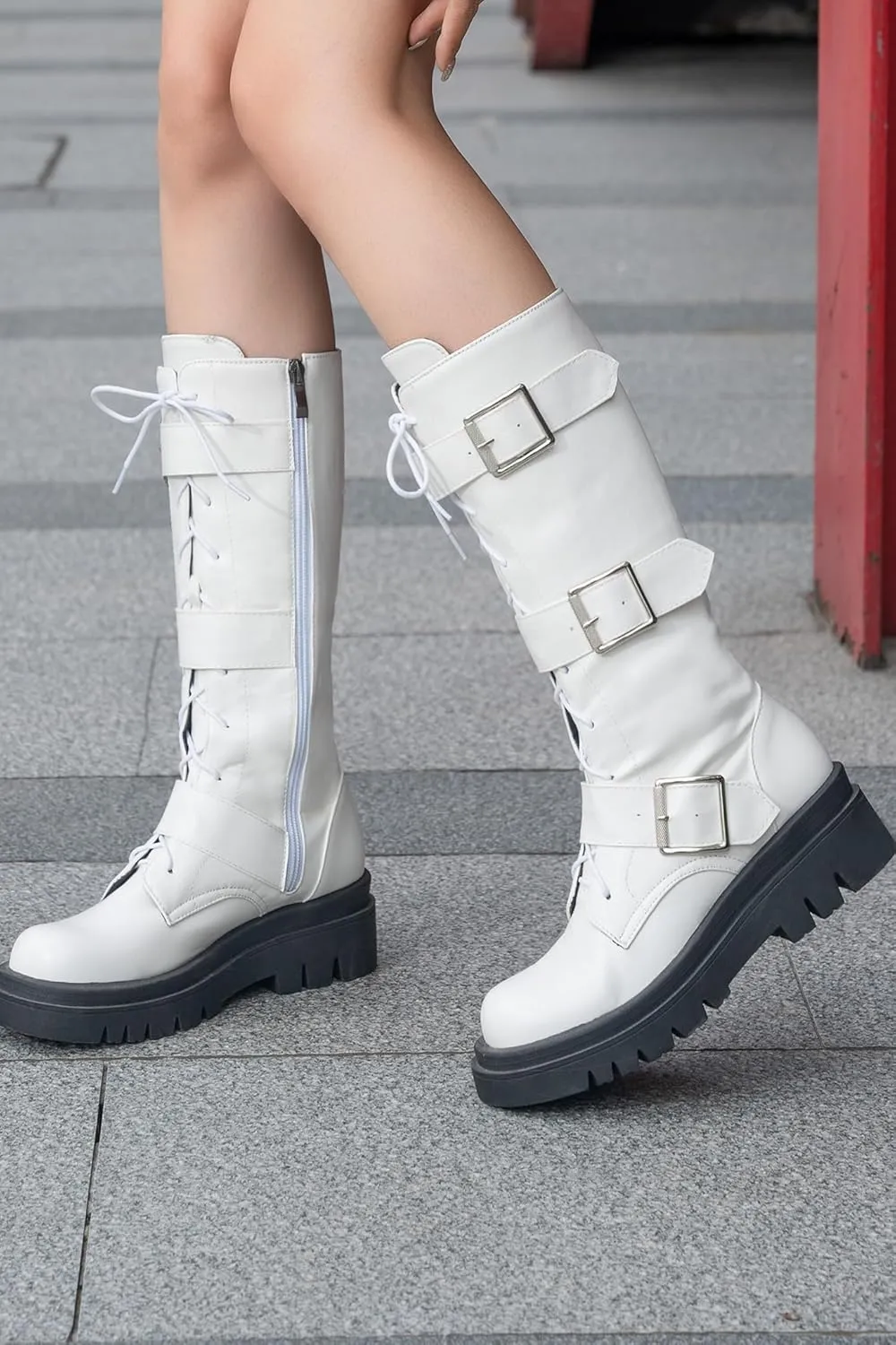 Women's Combat Riding Platform Boots Knee High Motorcycle Boots Buckle Gothic Biker Boots Lace Up Lug Sole Boots Goth Tall Boots Chunky Round Toe Comfortable Boots