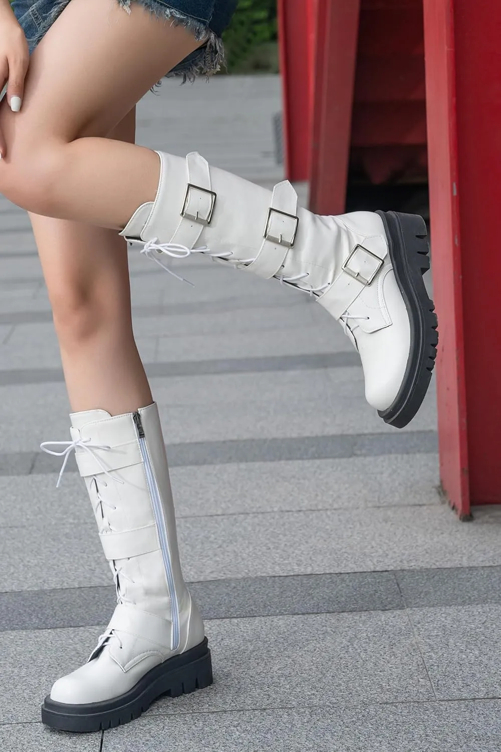 Women's Combat Riding Platform Boots Knee High Motorcycle Boots Buckle Gothic Biker Boots Lace Up Lug Sole Boots Goth Tall Boots Chunky Round Toe Comfortable Boots