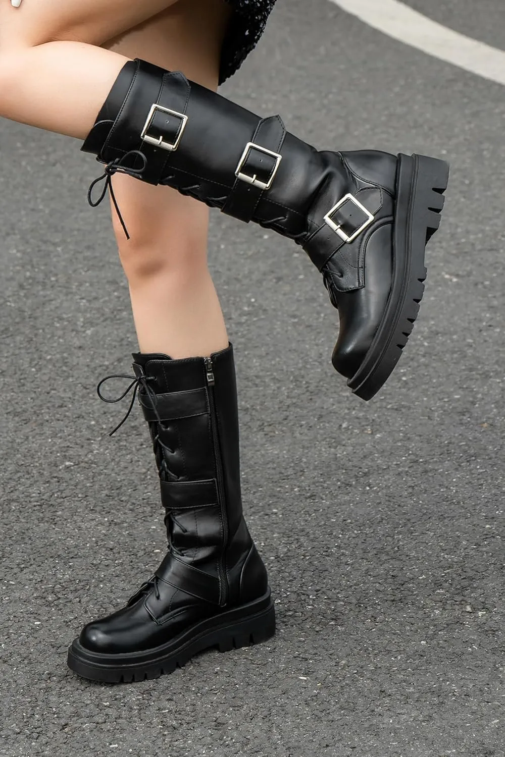 Women's Combat Riding Platform Boots Knee High Motorcycle Boots Buckle Gothic Biker Boots Lace Up Lug Sole Boots Goth Tall Boots Chunky Round Toe Comfortable Boots