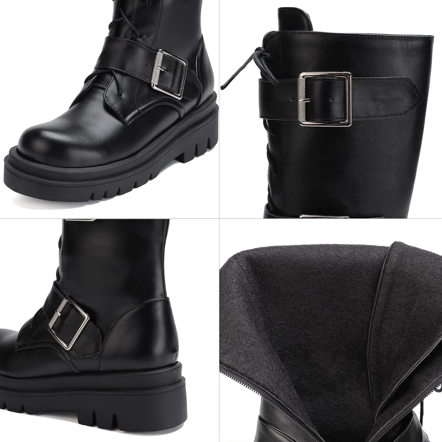 Women's Combat Riding Platform Boots Knee High Motorcycle Boots Buckle Gothic Biker Boots Lace Up Lug Sole Boots Goth Tall Boots Chunky Round Toe Comfortable Boots