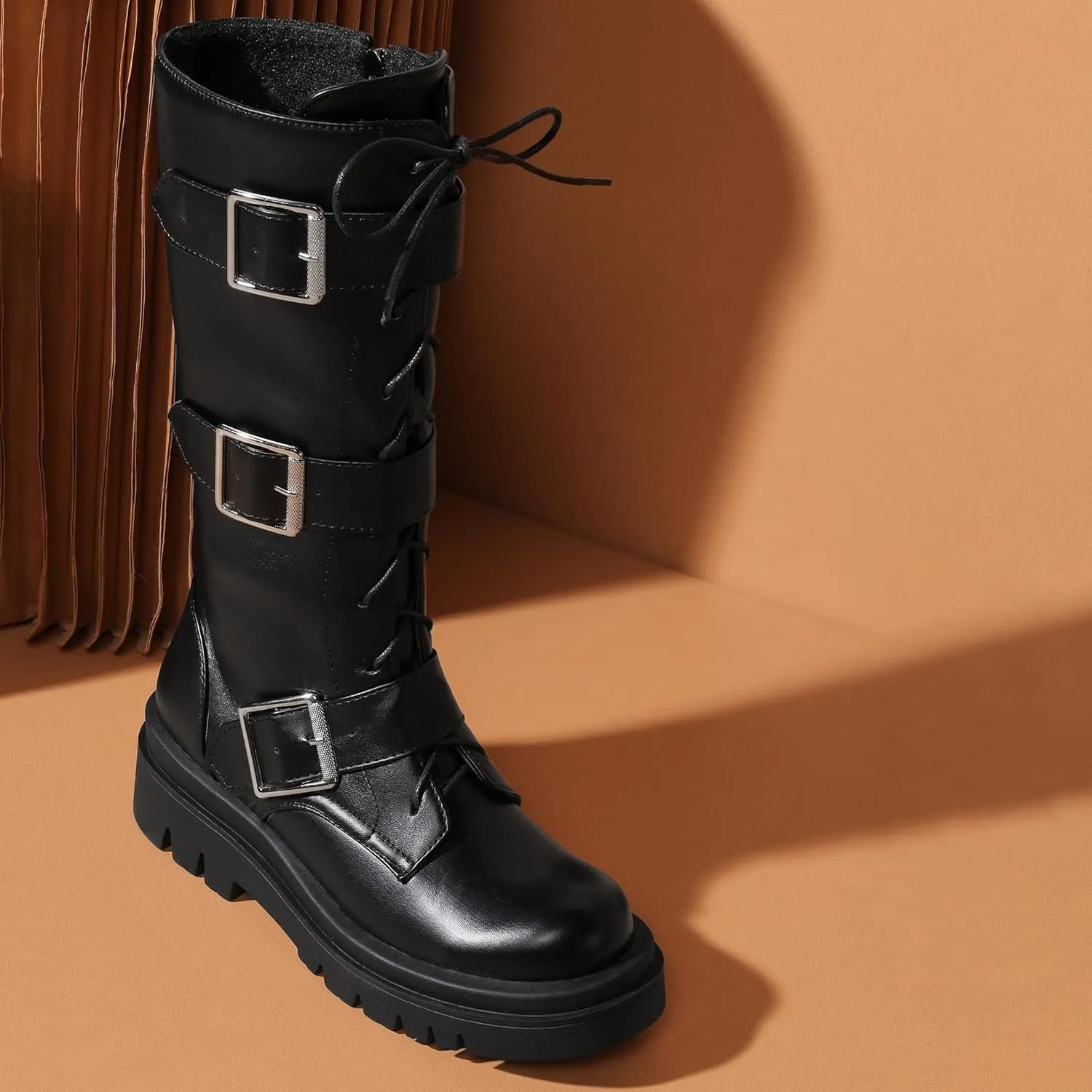 Women's Combat Riding Platform Boots Knee High Motorcycle Boots Buckle Gothic Biker Boots Lace Up Lug Sole Boots Goth Tall Boots Chunky Round Toe Comfortable Boots