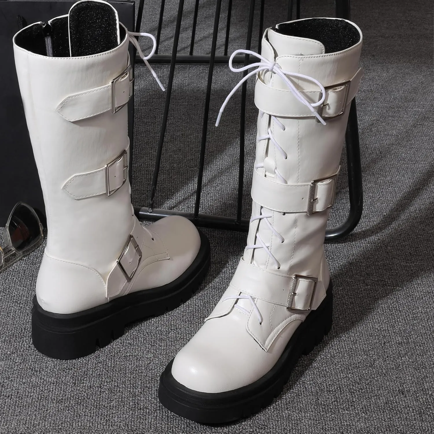 Women's Combat Riding Platform Boots Knee High Motorcycle Boots Buckle Gothic Biker Boots Lace Up Lug Sole Boots Goth Tall Boots Chunky Round Toe Comfortable Boots
