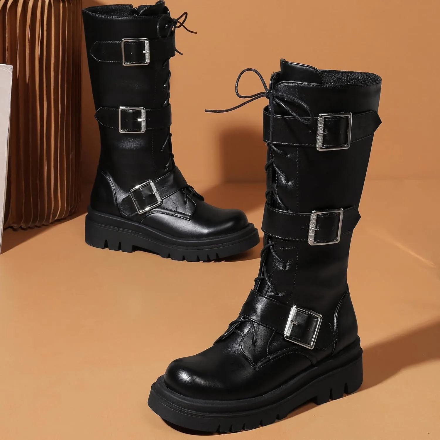 Women's Combat Riding Platform Boots Knee High Motorcycle Boots Buckle Gothic Biker Boots Lace Up Lug Sole Boots Goth Tall Boots Chunky Round Toe Comfortable Boots