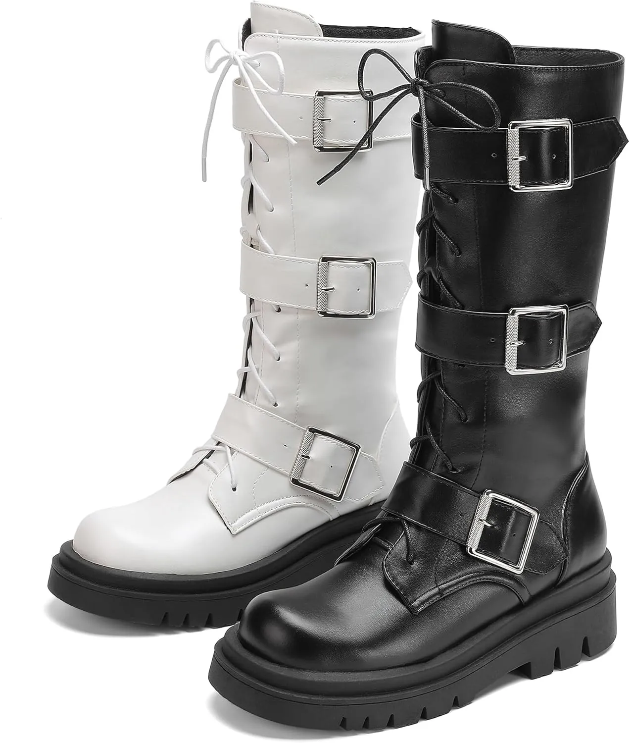 Women's Combat Riding Platform Boots Knee High Motorcycle Boots Buckle Gothic Biker Boots Lace Up Lug Sole Boots Goth Tall Boots Chunky Round Toe Comfortable Boots
