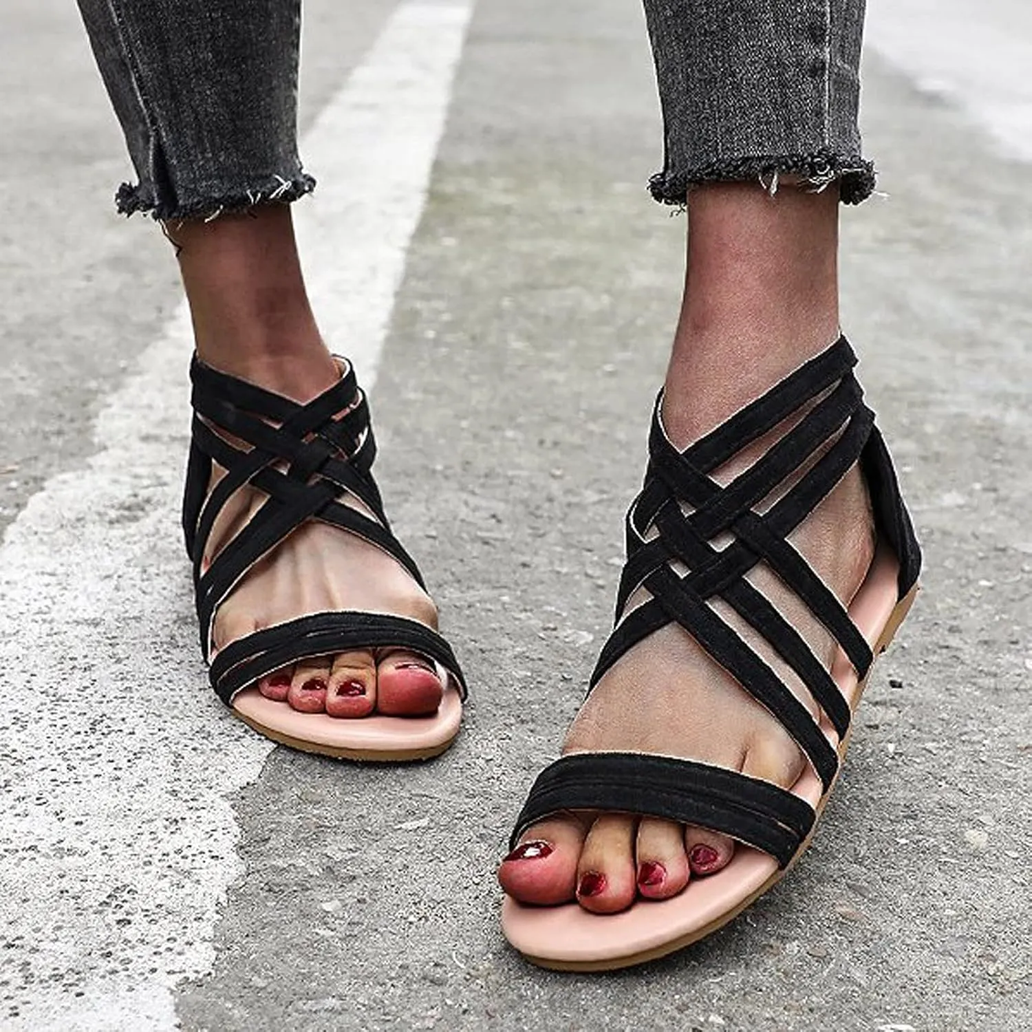 Women's Cross Strappy Sandals Summer Flat Fisherman Zipper Thong Gladiator Strap Sandals
