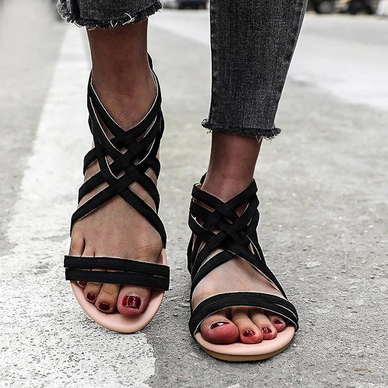 Women's Cross Strappy Sandals Summer Flat Fisherman Zipper Thong Gladiator Strap Sandals