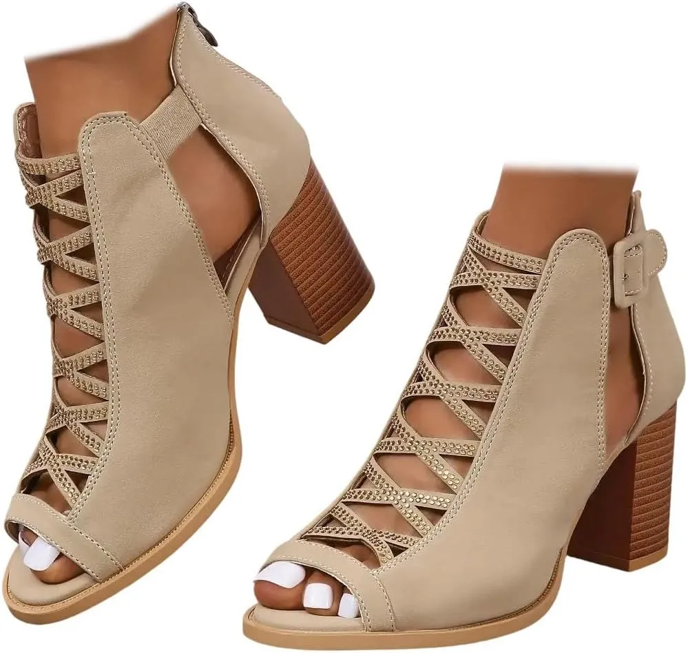 Women's Cutout Peep Toe Stacked Heeled Sandals Cutout Chunky Block Heels Sandals Dress Ankle Strap Buckle Booties