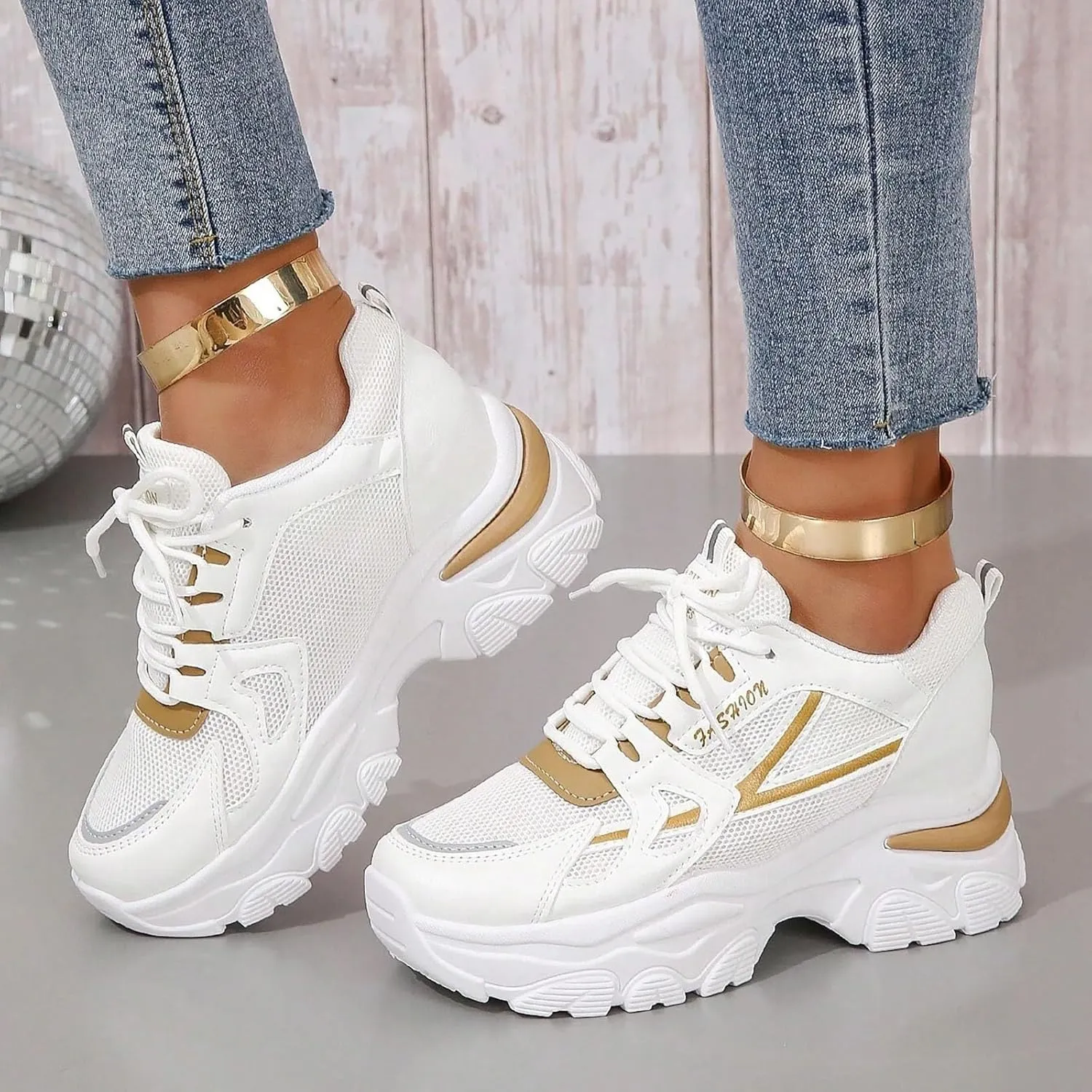 Women’s Fashion Platform Sneakers Breathable White Leather Mesh Teenage Girls Comfort Casual Sport Walking Shoes Arch support