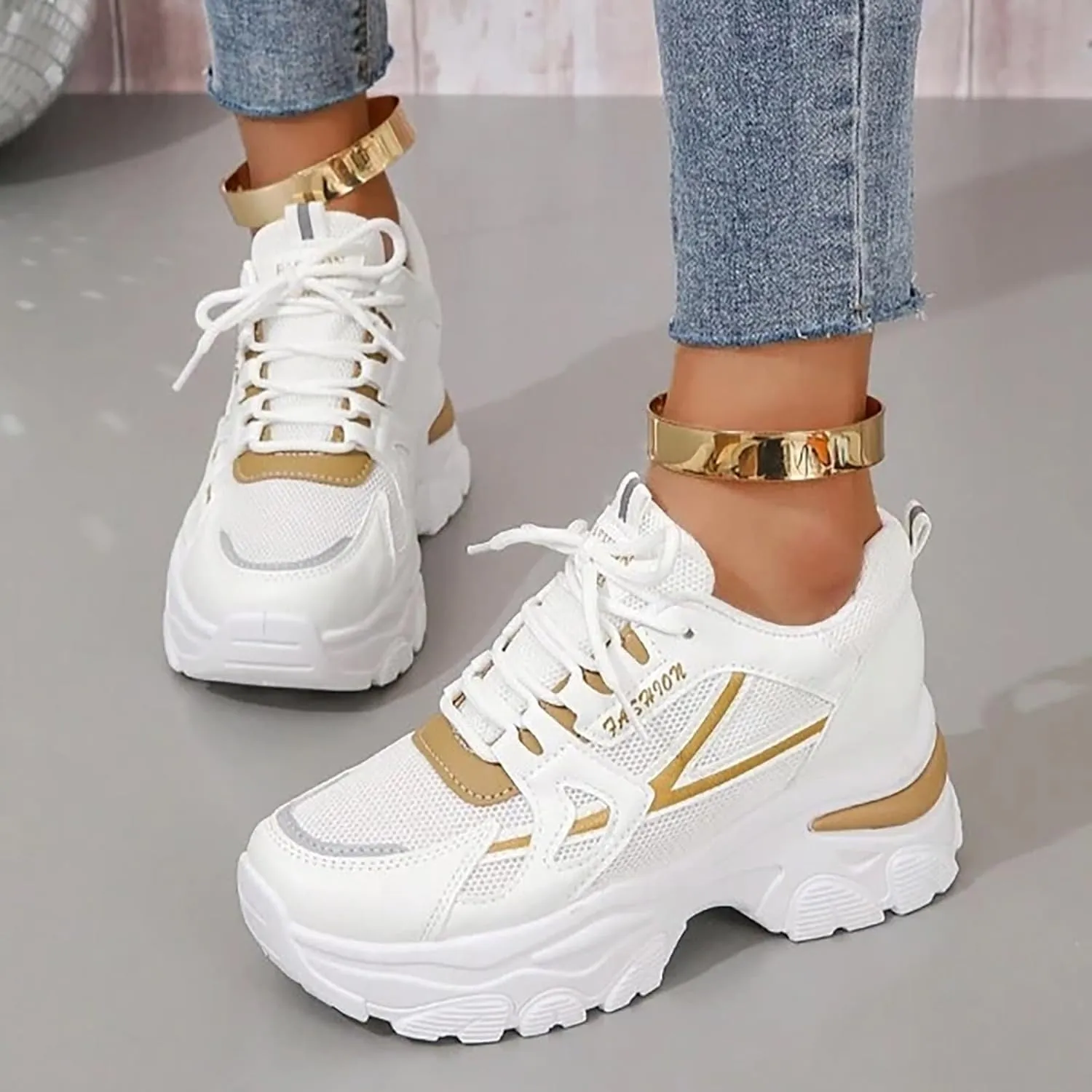 Women’s Fashion Platform Sneakers Breathable White Leather Mesh Teenage Girls Comfort Casual Sport Walking Shoes Arch support