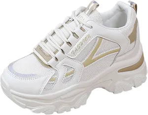 Women’s Fashion Platform Sneakers Breathable White Leather Mesh Teenage Girls Comfort Casual Sport Walking Shoes Arch support