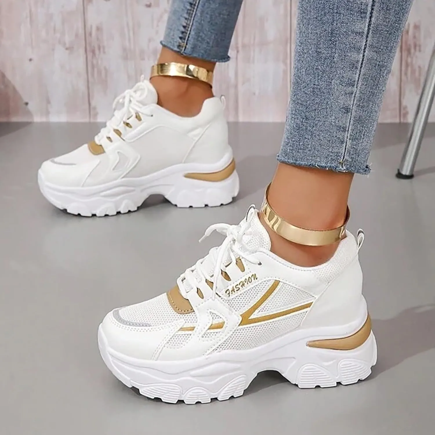 Women’s Fashion Platform Sneakers Breathable White Leather Mesh Teenage Girls Comfort Casual Sport Walking Shoes Arch support