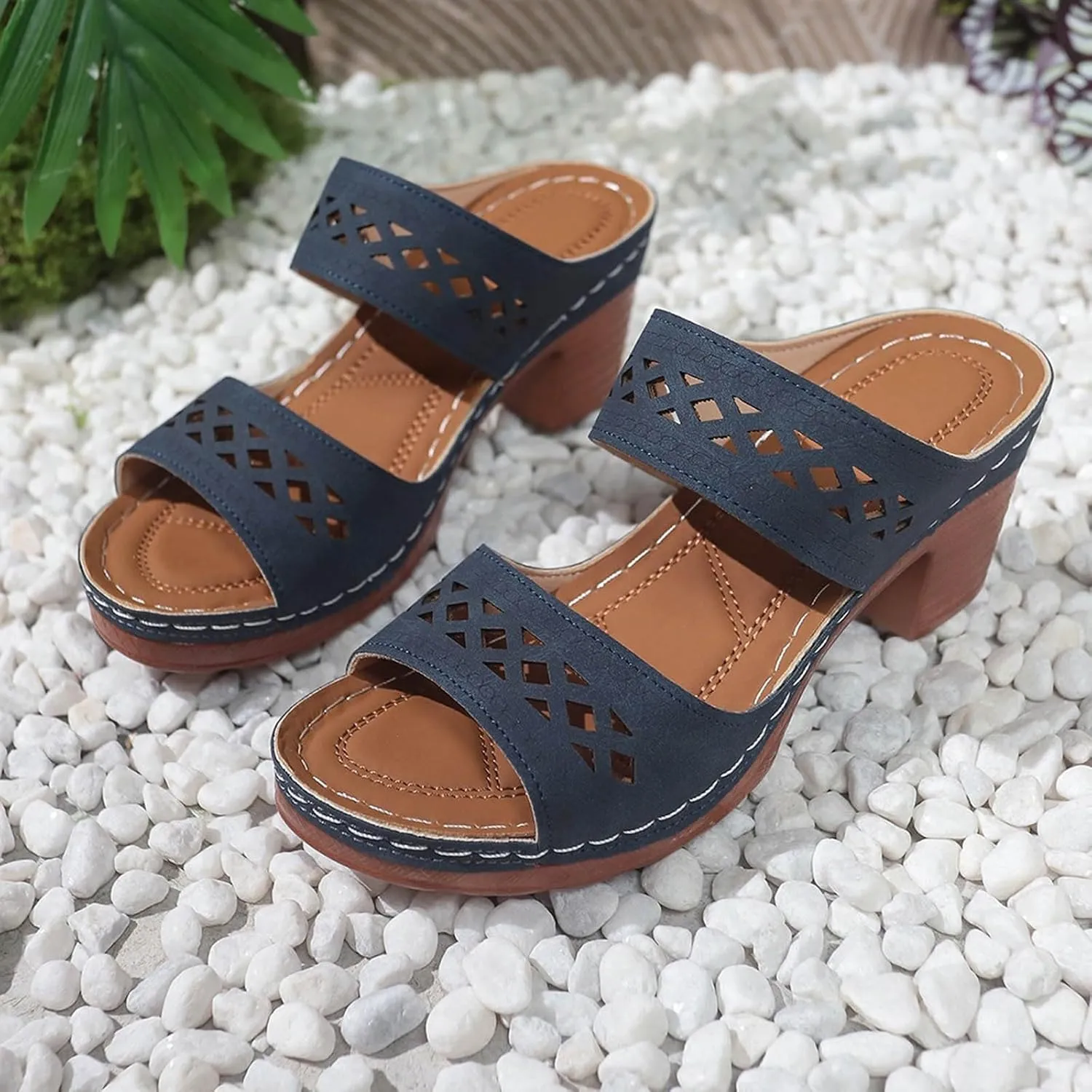 Women's Heeled Sandals Open Toe Slip On Block Womens Chunky Mid Heels Ankle Strap Sandal Slippers
