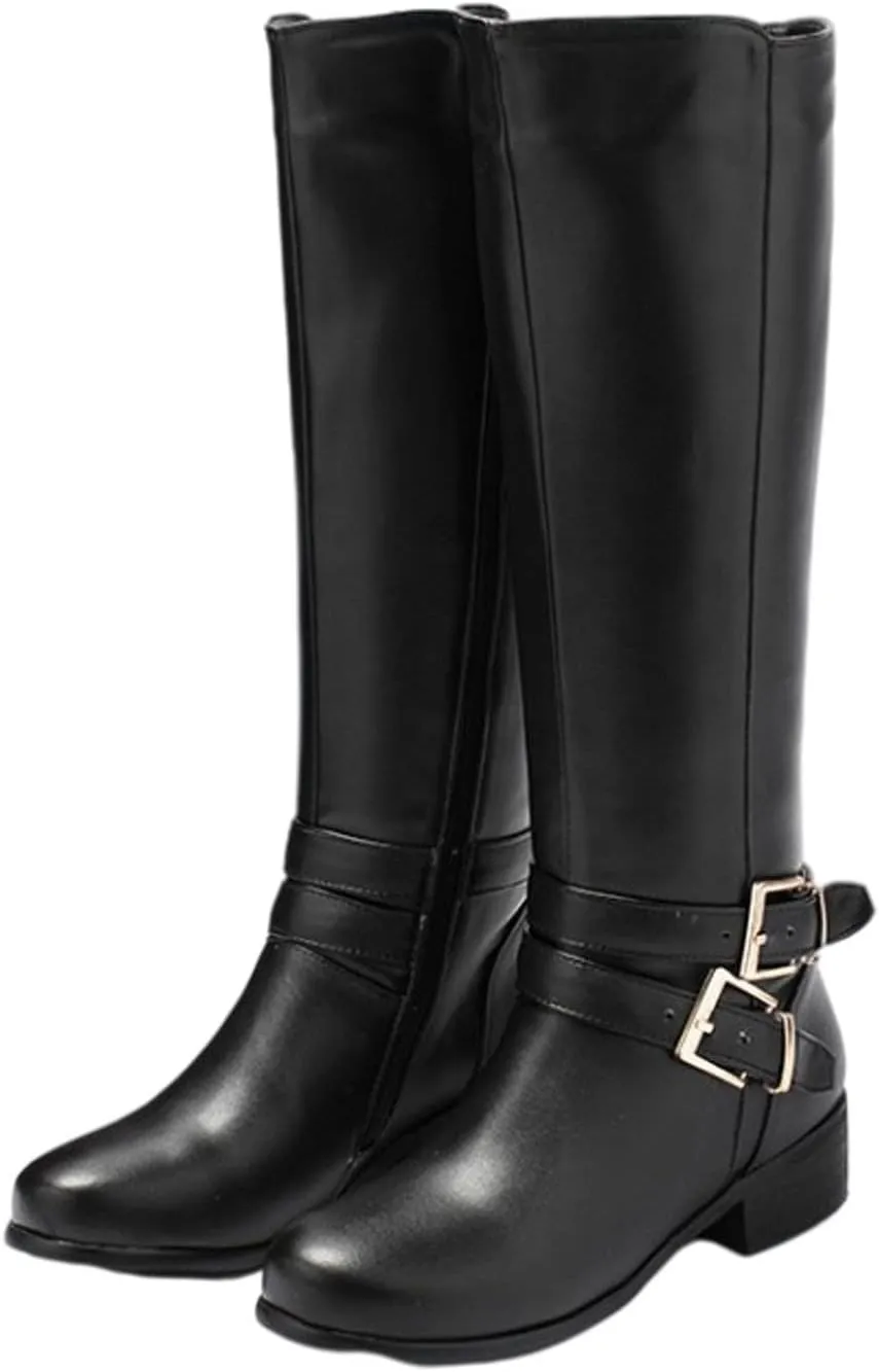 Women's Knee High Boots Wide Calf Comfortable Winter Boots Chunky Heel Buckle Side Zipper Motorcycle Riding Combat Boots