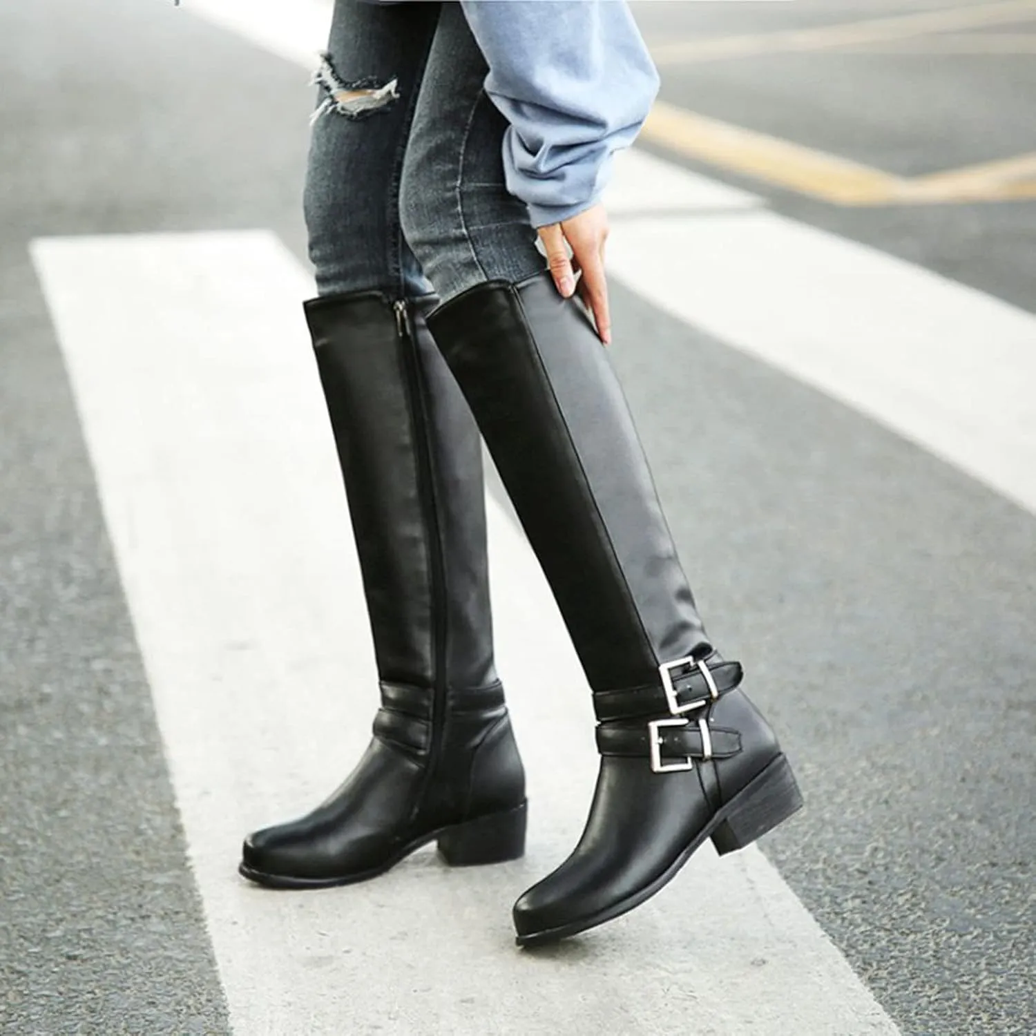 Women's Knee High Boots Wide Calf Comfortable Winter Boots Chunky Heel Buckle Side Zipper Motorcycle Riding Combat Boots