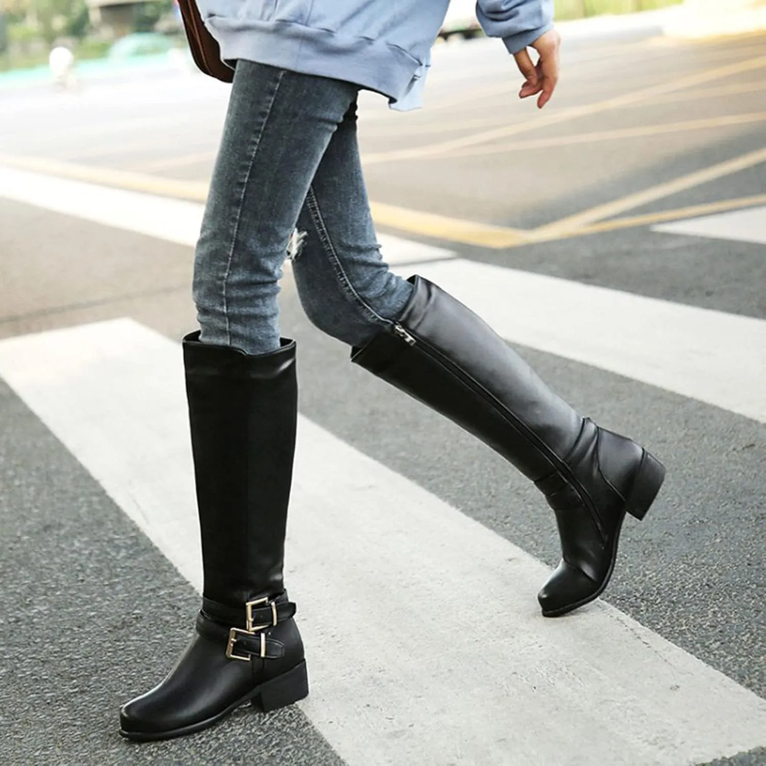 Women's Knee High Boots Wide Calf Comfortable Winter Boots Chunky Heel Buckle Side Zipper Motorcycle Riding Combat Boots