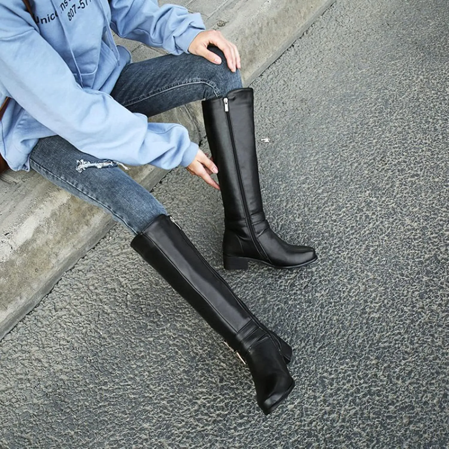 Women's Knee High Boots Wide Calf Comfortable Winter Boots Chunky Heel Buckle Side Zipper Motorcycle Riding Combat Boots