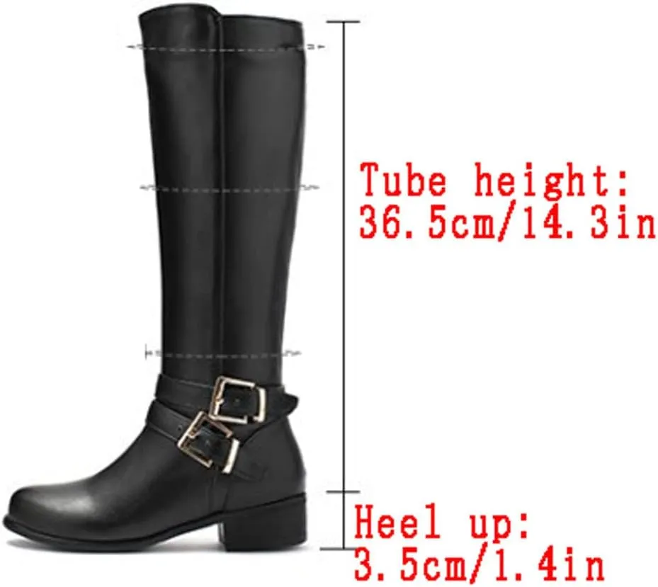 Women's Knee High Boots Wide Calf Comfortable Winter Boots Chunky Heel Buckle Side Zipper Motorcycle Riding Combat Boots