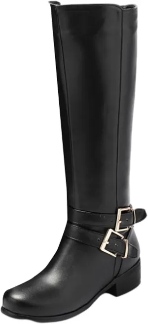 Women's Knee High Boots Wide Calf Comfortable Winter Boots Chunky Heel Buckle Side Zipper Motorcycle Riding Combat Boots