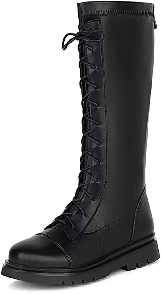 Women's Knee High Lace Up Combat Boots Chunky Platform Motorcycle Boots Lug Sole Riding Tall Boots Back Zipper Round Toe Low Heel Goth Comfortable Boots