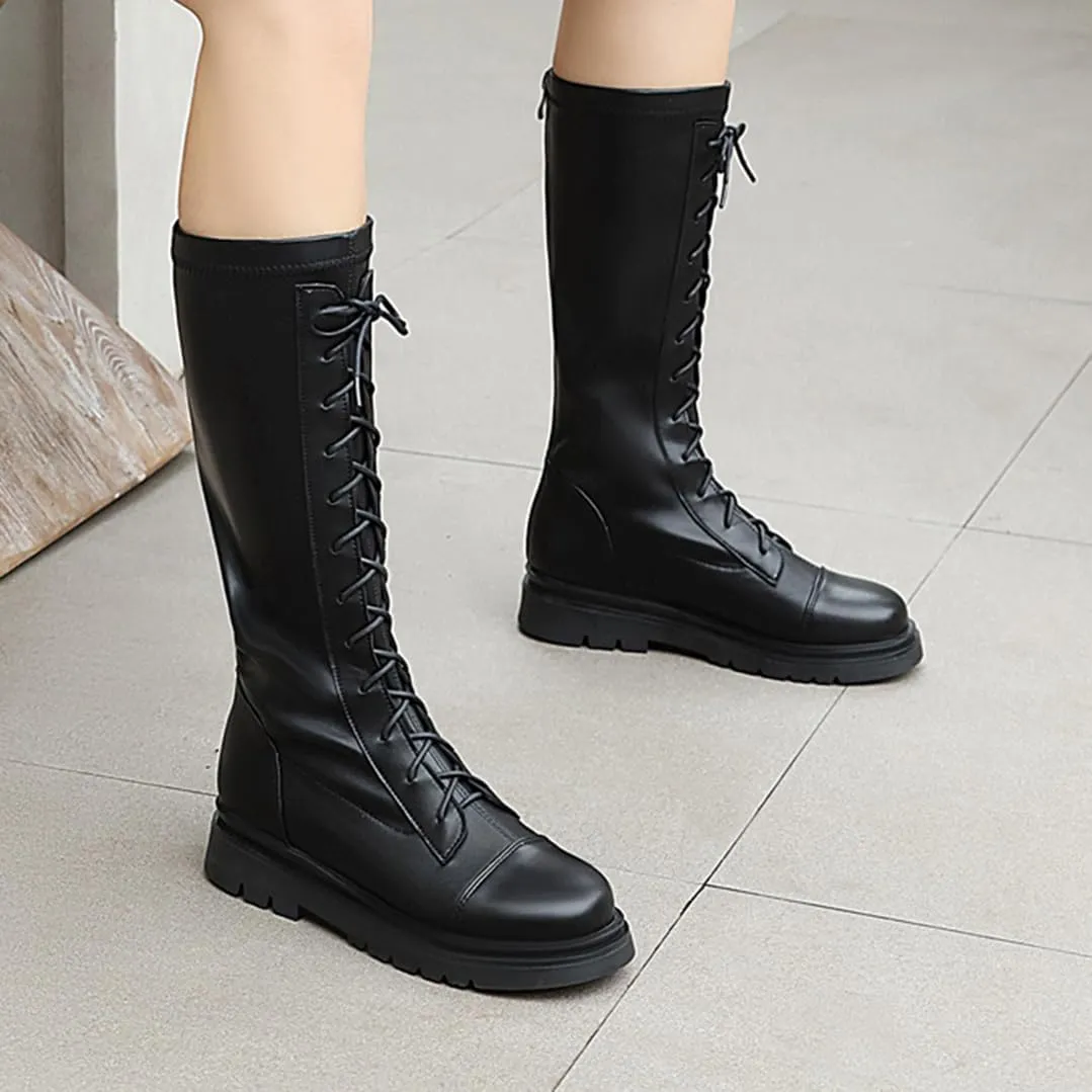 Women's Knee High Lace Up Combat Boots Chunky Platform Motorcycle Boots Lug Sole Riding Tall Boots Back Zipper Round Toe Low Heel Goth Comfortable Boots