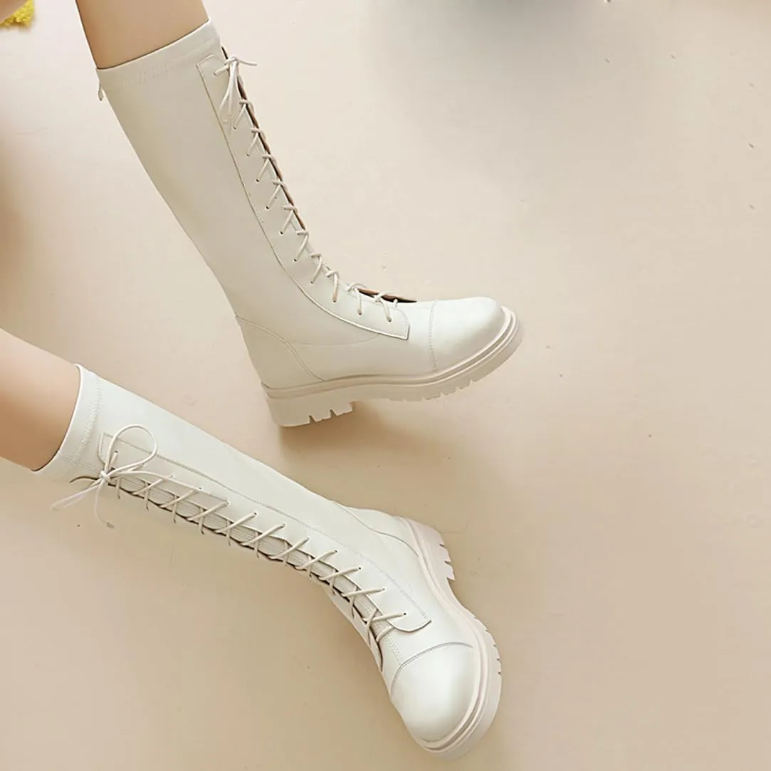 Women's Knee High Lace Up Combat Boots Chunky Platform Motorcycle Boots Lug Sole Riding Tall Boots Back Zipper Round Toe Low Heel Goth Comfortable Boots