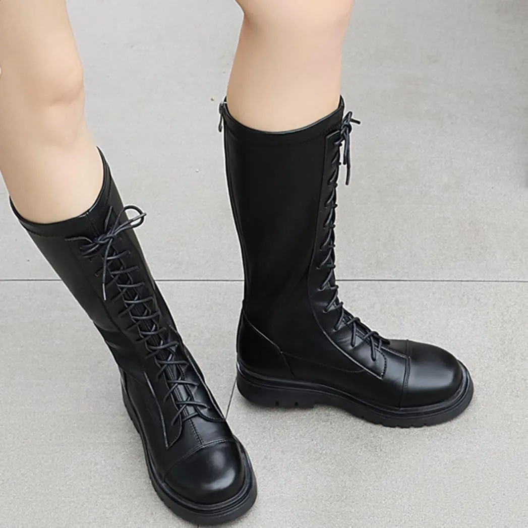 Women's Knee High Lace Up Combat Boots Chunky Platform Motorcycle Boots Lug Sole Riding Tall Boots Back Zipper Round Toe Low Heel Goth Comfortable Boots
