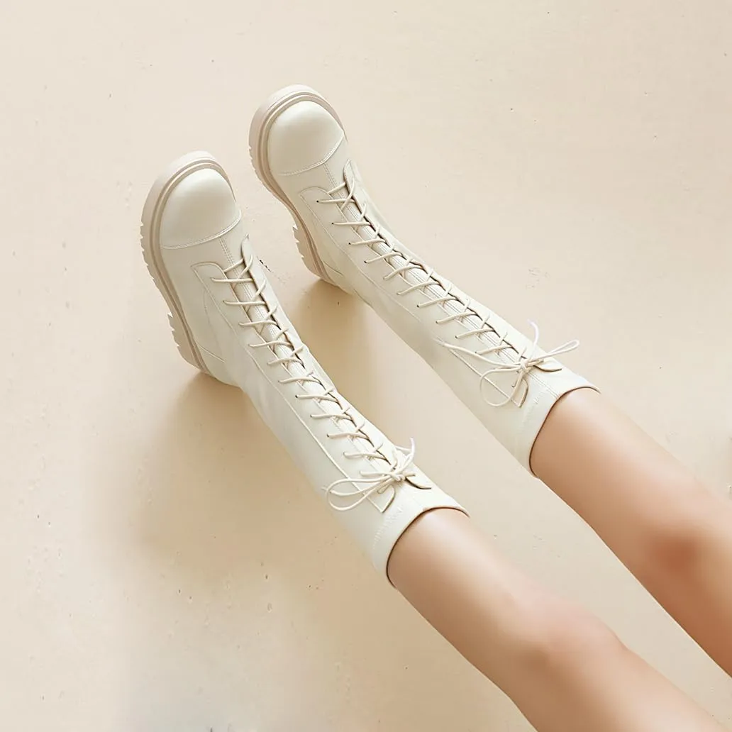 Women's Knee High Lace Up Combat Boots Chunky Platform Motorcycle Boots Lug Sole Riding Tall Boots Back Zipper Round Toe Low Heel Goth Comfortable Boots