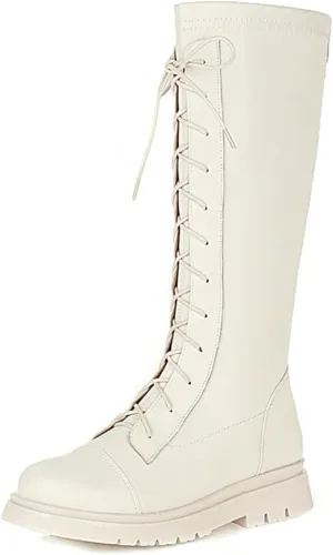 Women's Knee High Lace Up Combat Boots Chunky Platform Motorcycle Boots Lug Sole Riding Tall Boots Back Zipper Round Toe Low Heel Goth Comfortable Boots
