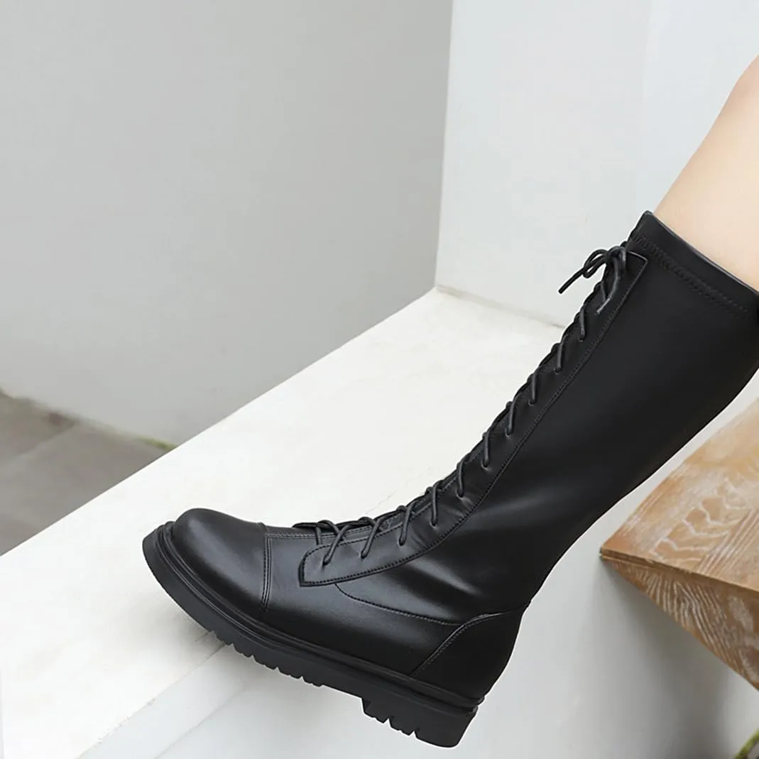 Women's Knee High Lace Up Combat Boots Chunky Platform Motorcycle Boots Lug Sole Riding Tall Boots Back Zipper Round Toe Low Heel Goth Comfortable Boots
