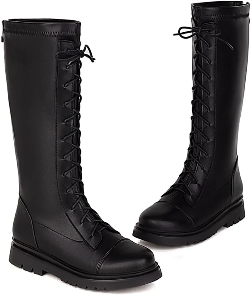 Women's Knee High Lace Up Combat Boots Chunky Platform Motorcycle Boots Lug Sole Riding Tall Boots Back Zipper Round Toe Low Heel Goth Comfortable Boots