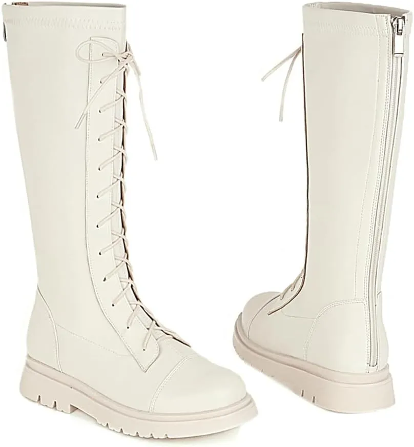 Women's Knee High Lace Up Combat Boots Chunky Platform Motorcycle Boots Lug Sole Riding Tall Boots Back Zipper Round Toe Low Heel Goth Comfortable Boots