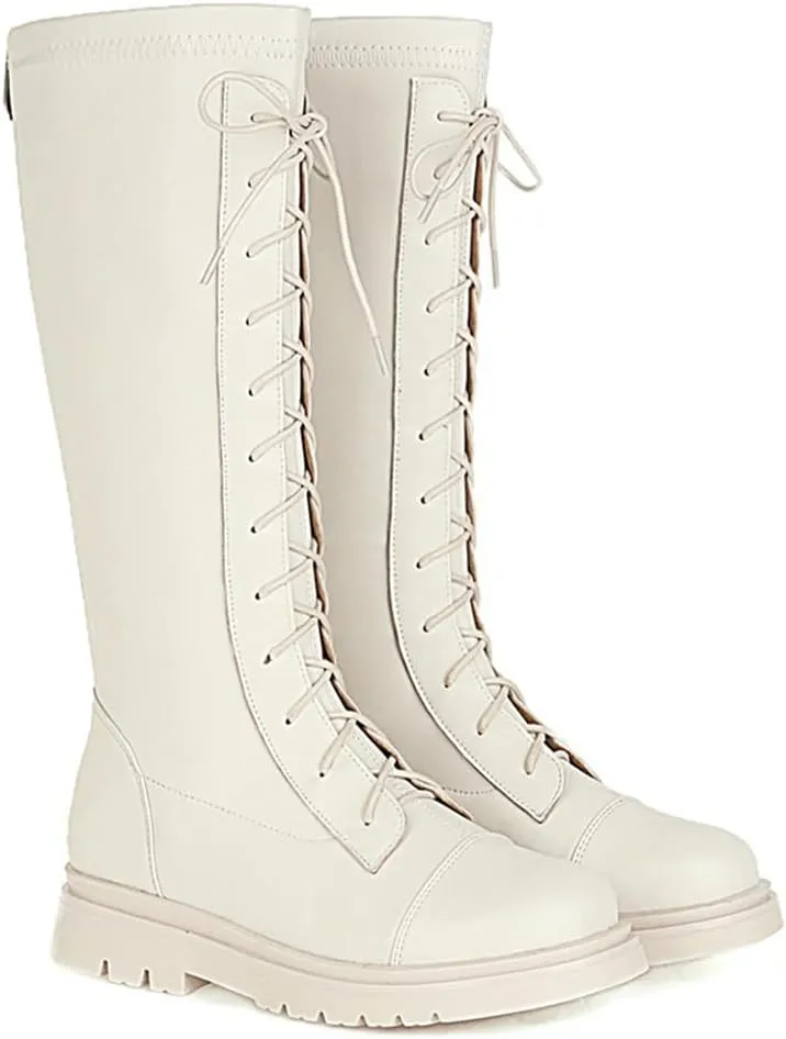 Women's Knee High Lace Up Combat Boots Chunky Platform Motorcycle Boots Lug Sole Riding Tall Boots Back Zipper Round Toe Low Heel Goth Comfortable Boots