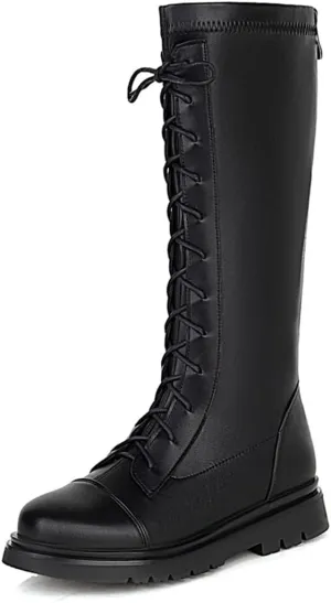 Women's Knee High Lace Up Combat Boots Chunky Platform Motorcycle Boots Lug Sole Riding Tall Boots Back Zipper Round Toe Low Heel Goth Comfortable Boots