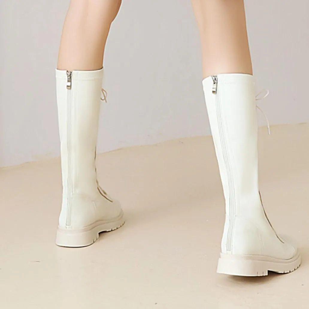 Women's Knee High Lace Up Combat Boots Chunky Platform Motorcycle Boots Lug Sole Riding Tall Boots Back Zipper Round Toe Low Heel Goth Comfortable Boots