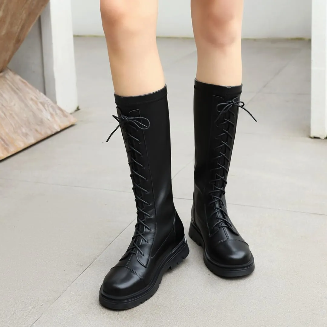 Women's Knee High Lace Up Combat Boots Chunky Platform Motorcycle Boots Lug Sole Riding Tall Boots Back Zipper Round Toe Low Heel Goth Comfortable Boots