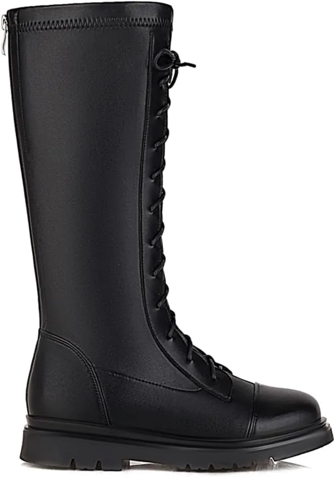 Women's Knee High Lace Up Combat Boots Chunky Platform Motorcycle Boots Lug Sole Riding Tall Boots Back Zipper Round Toe Low Heel Goth Comfortable Boots