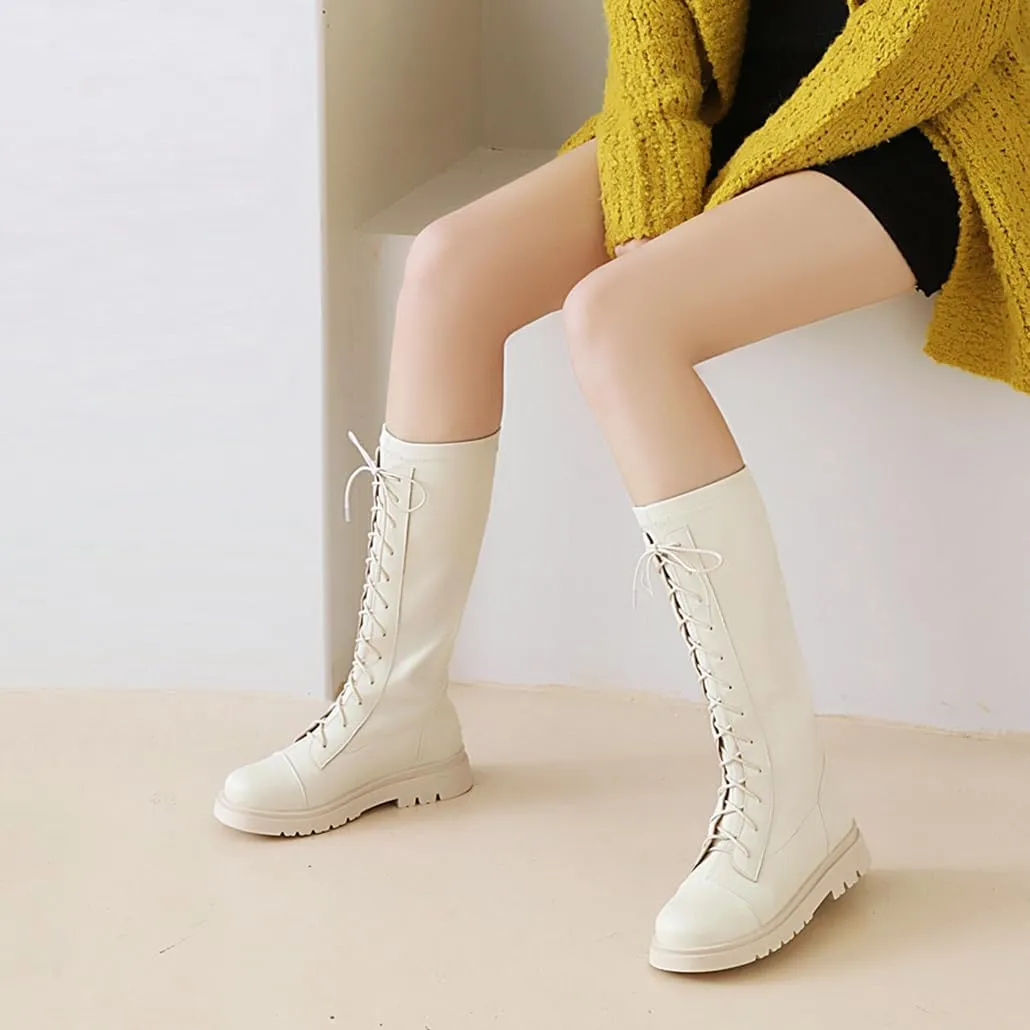Women's Knee High Lace Up Combat Boots Chunky Platform Motorcycle Boots Lug Sole Riding Tall Boots Back Zipper Round Toe Low Heel Goth Comfortable Boots