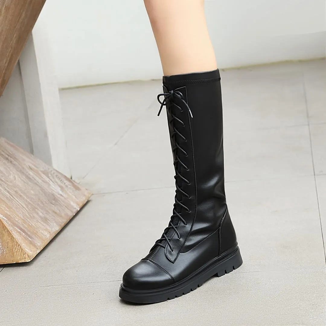 Women's Knee High Lace Up Combat Boots Chunky Platform Motorcycle Boots Lug Sole Riding Tall Boots Back Zipper Round Toe Low Heel Goth Comfortable Boots