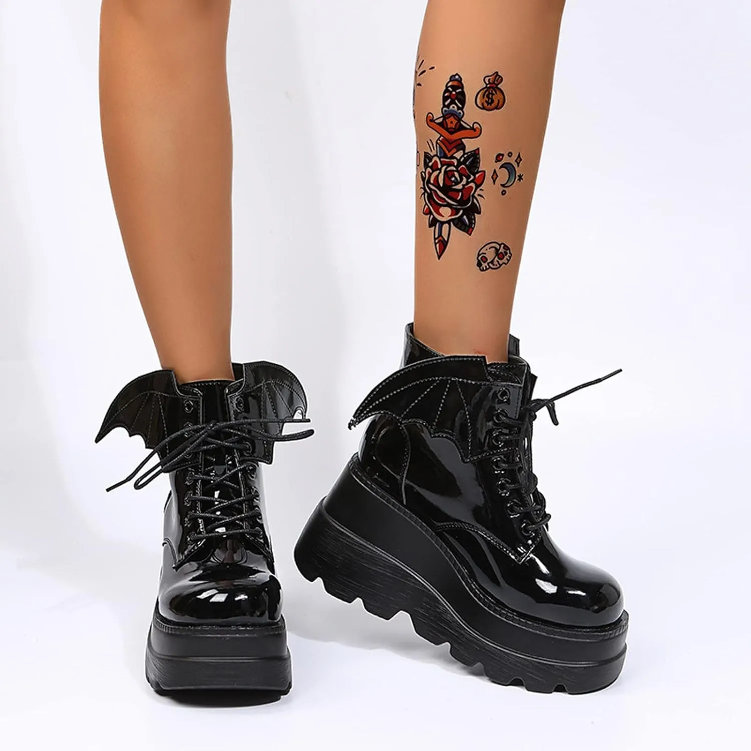 Women's Lace-Up Combat Boots Gothic Platform Mid Calf Wedges Chunky High Heel Round Toe Side Zip Punk Ankle Booties