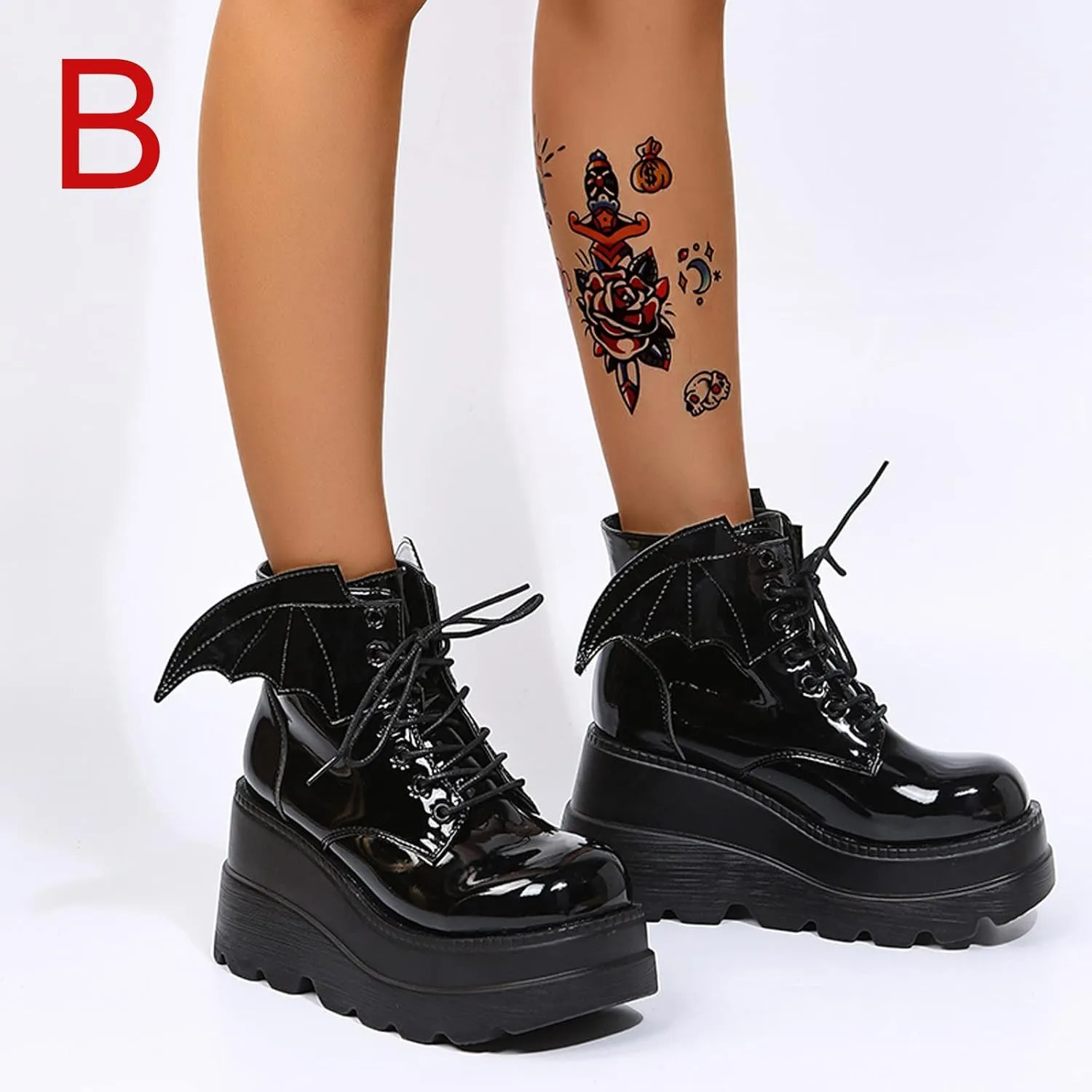 Women's Lace-Up Combat Boots Gothic Platform Mid Calf Wedges Chunky High Heel Round Toe Side Zip Punk Ankle Booties
