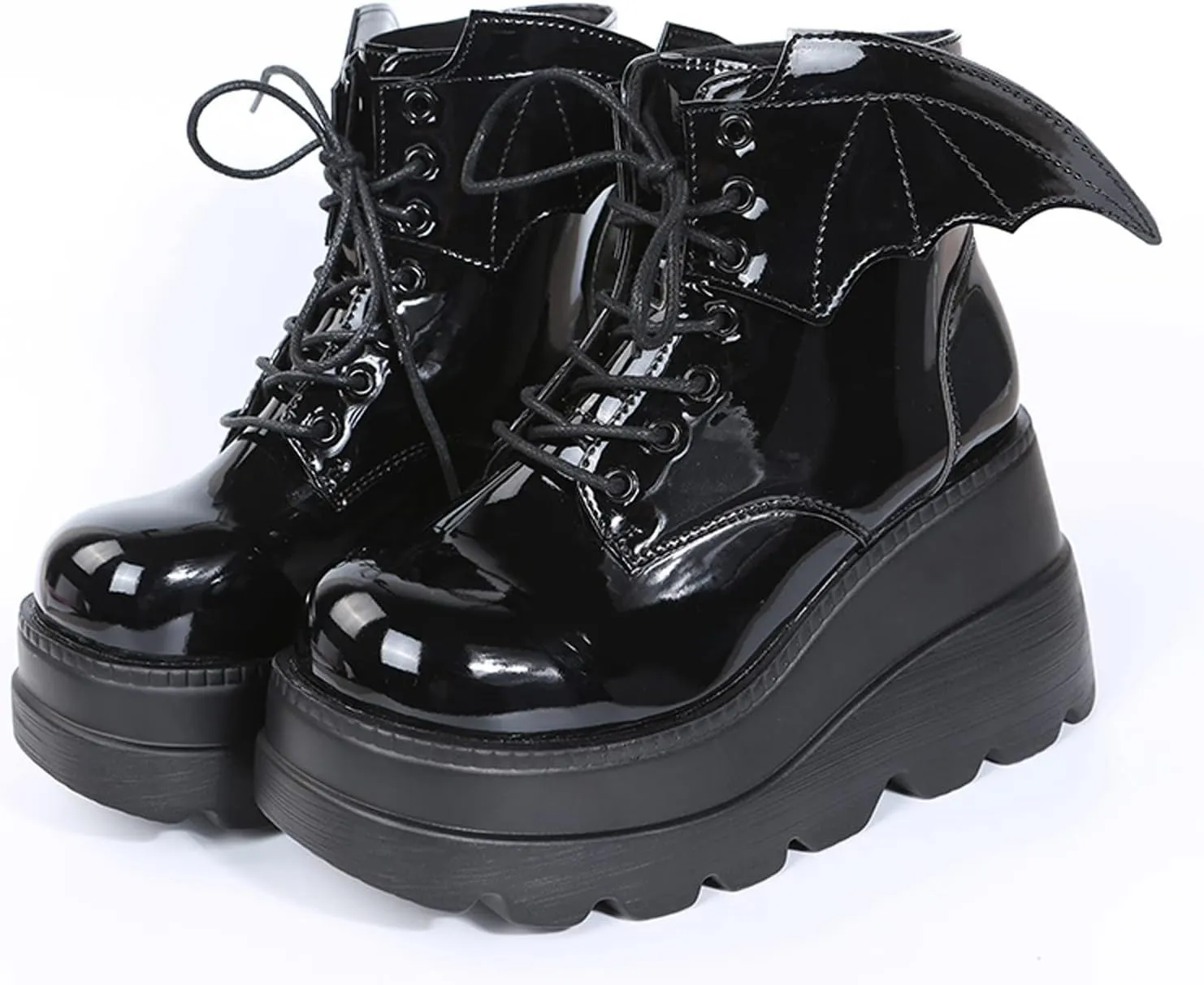 Women's Lace-Up Combat Boots Gothic Platform Mid Calf Wedges Chunky High Heel Round Toe Side Zip Punk Ankle Booties